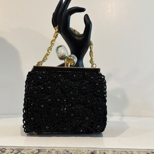 Vintage  Black Beaded Evening Bag with Lucite Closure